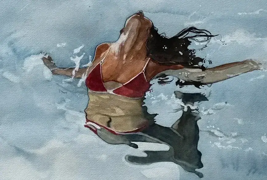 À la surface, aquarelle de Pierre Renollet