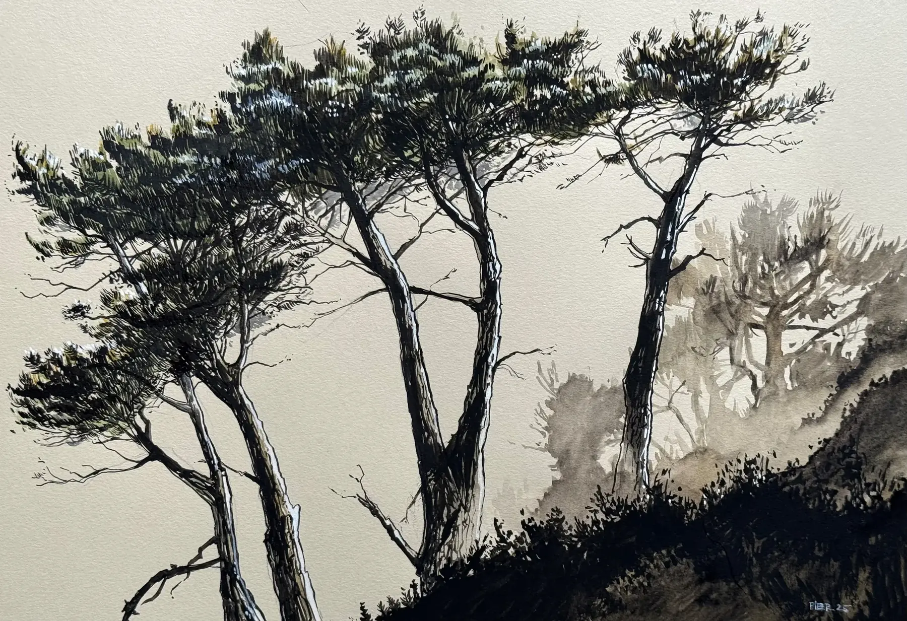 Dans la brume, aquarelle de Pierre Renollet