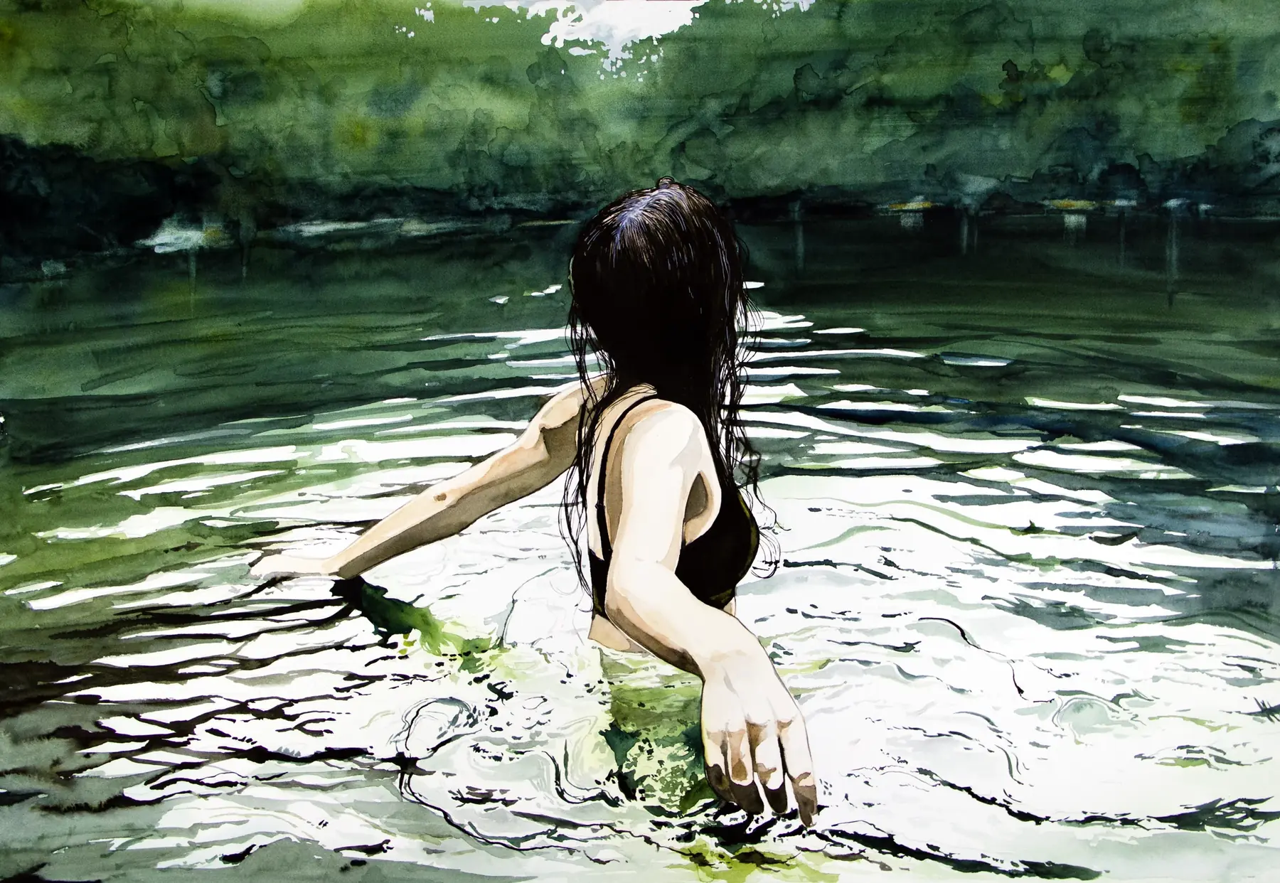 L'eau verte, aquarelle de Pierre Renollet